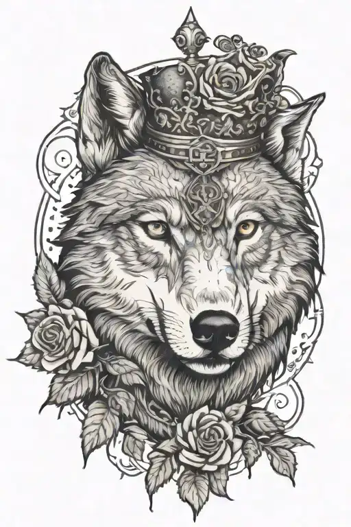 Wolf With A Cross In One Eye With A Rose Surrounded By A Crown Of Thorns