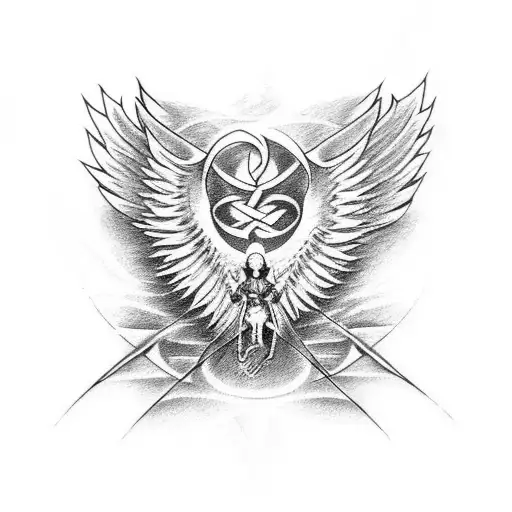 A Dotwork Tattoo Of A Gang Symbol With Angel Wings