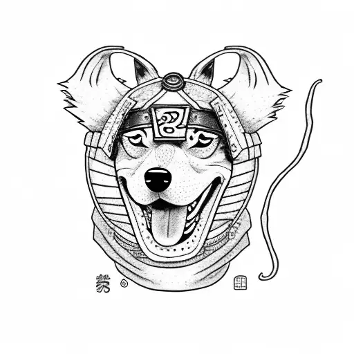 A Dotwork Tattoo Of A Dog Dressed As A Naruto Character In A Natural Setting