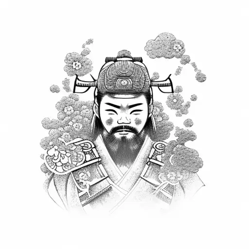 Japanese Samurai With Clouds And Flowers