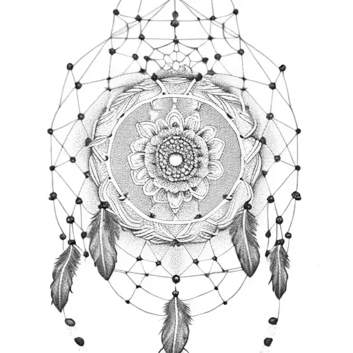 A Dotwork Dreamcatcher With Roses And Peonies Hanging From It