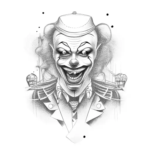 A Dotwork Tattoo Of A Creepy Clown Riding A Motorcycle Through An Abandoned Amusement Park