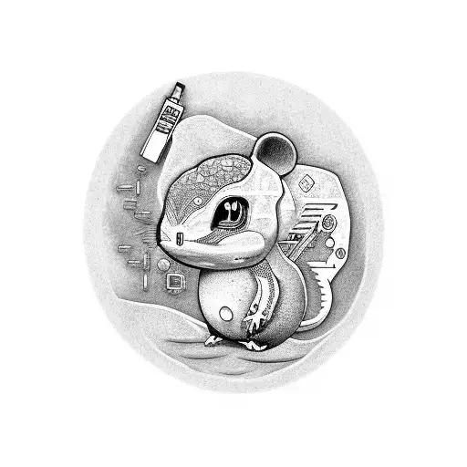 A Dotwork Tattoo Of A Computer Mouse Surrounded By Fossilized Pokemon Bones