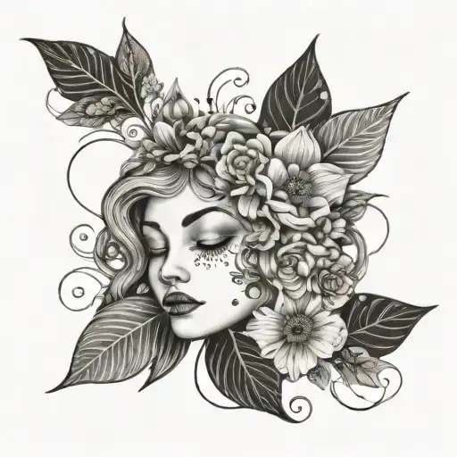 A Whimsical Design Of A Sleeping Face Adorned With Elegant Floral Patterns