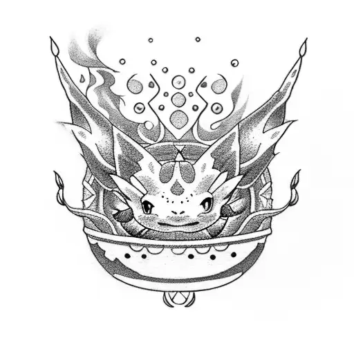 A Dotwork Tattoo Of A Vaporeon Curled Up Inside An Open Book With Intricate Geometric Patterns