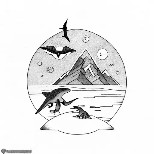 Rocky Mountains With Small Dinosaurs In Front And Pterodactyl And Sun Overhead