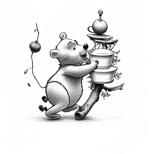 A Winnie The Pooh Character Swinging From A Tree Branch With A Honey Pot Nearby