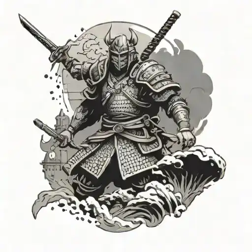 Norse Mythology Scene With A Samurai Warrior