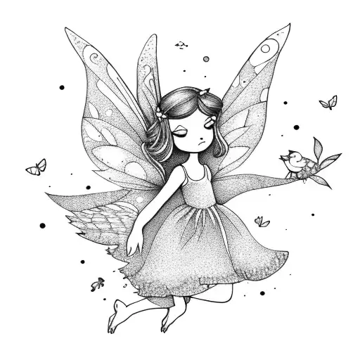 Little Fairy Hugging A Bird Bigger Than Her With Flowers
