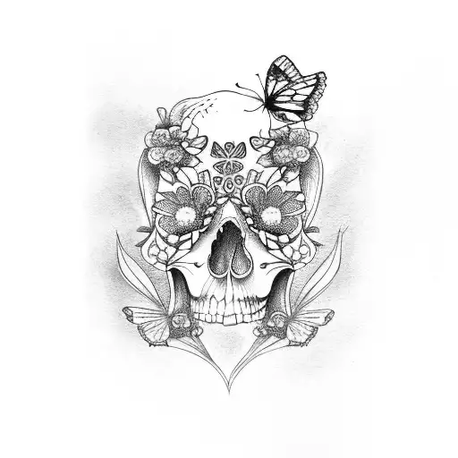 Half Skull And Half Butterfly With A Flower In The Middle