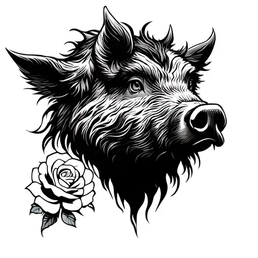 A Side Profile Of A Boar In The Style Of Norse Art With A Rose Instead Of An Eye