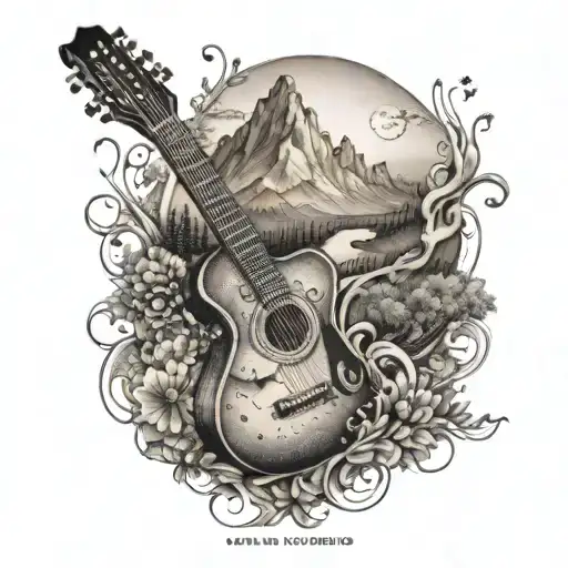 An Intricate Tattoo Of A Guitar Intertwined With A Winding Road And Mountain Scenery