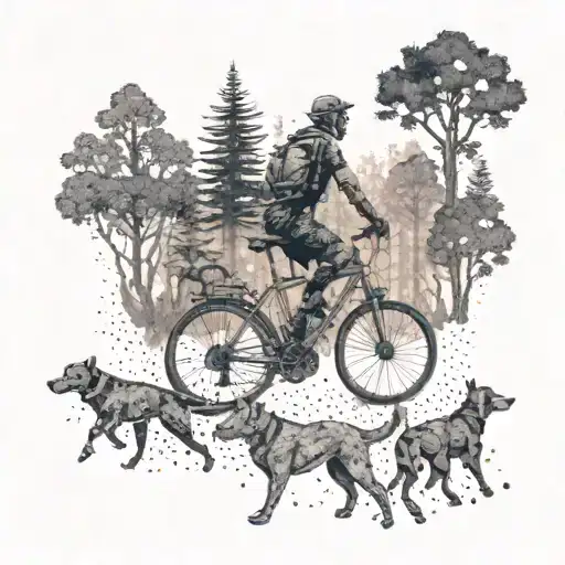 A Dotwork Tattoo Of A Lone Cyclist Riding Through A Forest With A Pack Of Dogs Running Alongside