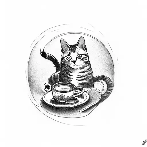 A Cat Sitting On A Coffee Mug Surrounded By Coffee Beans