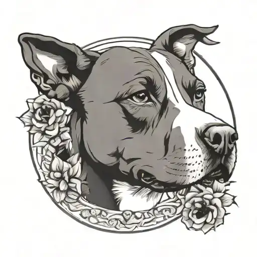 Pitbull Dog Face In A Circle With Holly Flowers