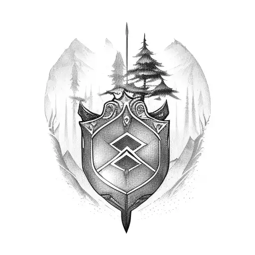 Sword With Shield And Forest Around