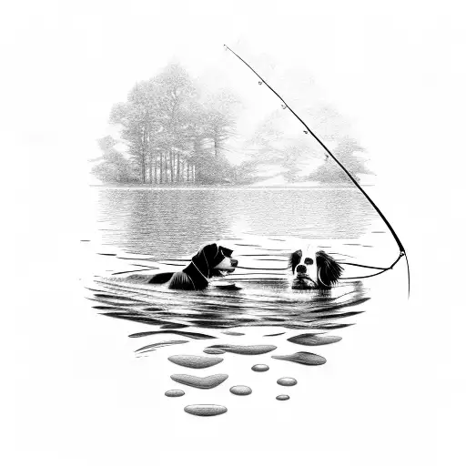 A Spaniel And Its Owner Fishing Together On A Serene Lake