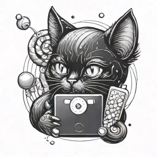 A Tattoo Design Of A Black Cat Playing Candy Crush On A Smartphone