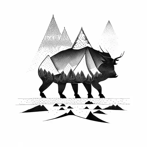 Forest With Mountain Backdrop And Boar Silhoutte On Bottom
