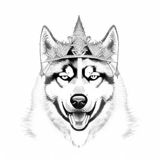A Dotwork Portrait Of A Husky Wearing An Illuminati-inspired Crown