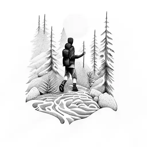 A Scenic Tattoo Of A Hiker Trekking Through A Dense Forest