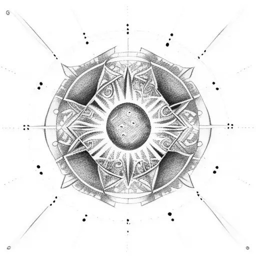A Dotwork Tattoo Of A Ring Of Fire Eclipse Surrounded By Intricate Numerology Symbols