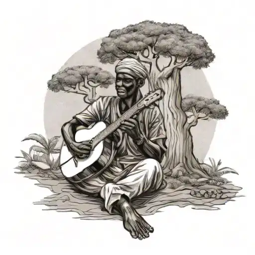 A Senegalese Musician Playing Traditional Instruments Under A Baobab Tree
