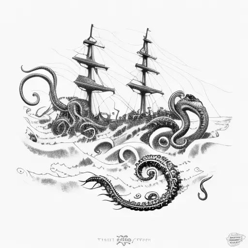 Kraken Sea Monster Sinking Ship In Storm