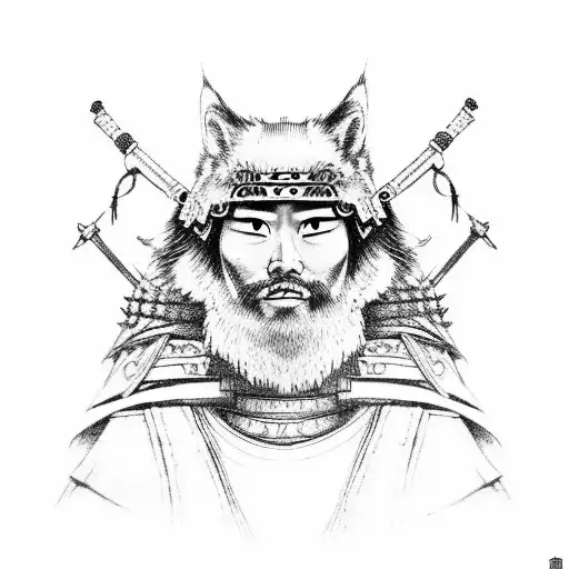 Traditional Japanese Samurai Warrior With A Wolf Companion
