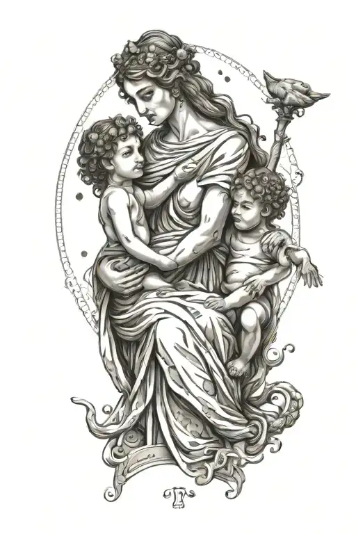 Greek Mythology Goddess Mother Holding Her Kids Girl And Boy