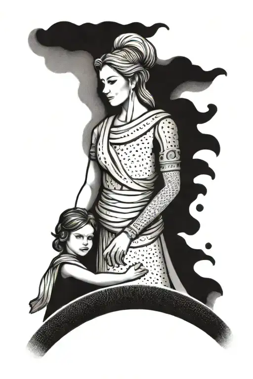 Spartan Wife Holding Hands With Her Daughter And Son