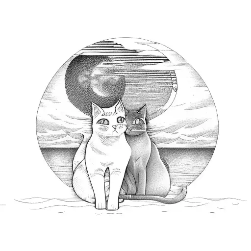 Two Cats Sitting On Boat On The Sea Waves With Moon In Background