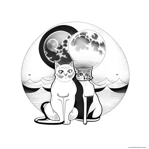 Two Cats Sitting On Boat On The Sea Waves With Moon In Background