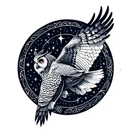 A Mystical Scene Of An Owl Flying Through A Starry Night Sky With Tribal Patterns In The Background