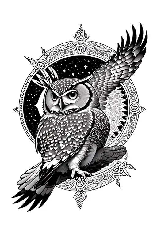 A Mystical Scene Of An Owl Flying Through A Starry Night Sky With Tribal Patterns In The Background
