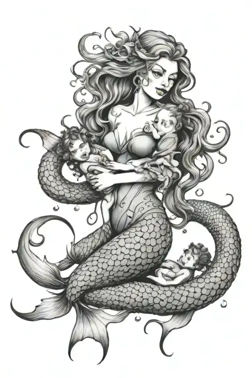 Evil Mermaid With Three Children Playing
