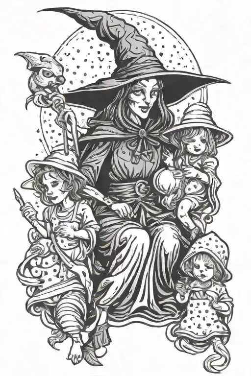 Evil Witch With Three Children Playing