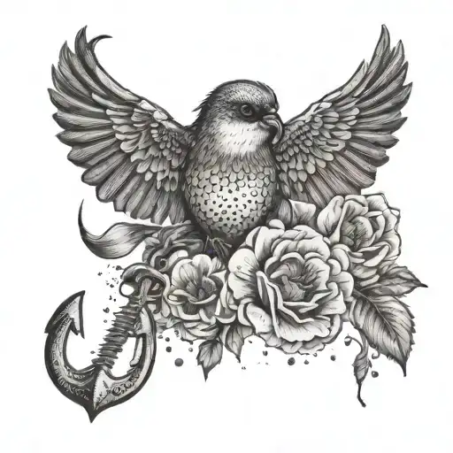 Bird With Anchor In Mouth And Poppys Flowers Around Him