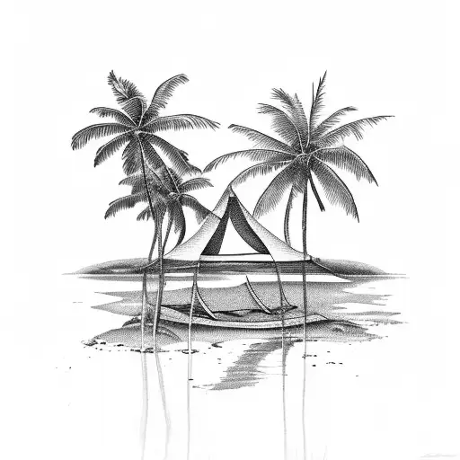 A Serene Beach Scene With A Hammock Between Two Palm Trees