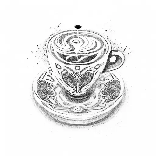 A Coffee Cup With Intricate Patterns Made From Coffee Beans And Art Brushes