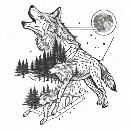 Sagittarius Constellation Intertwined With A Pack Of Wolves Running Through A Forest