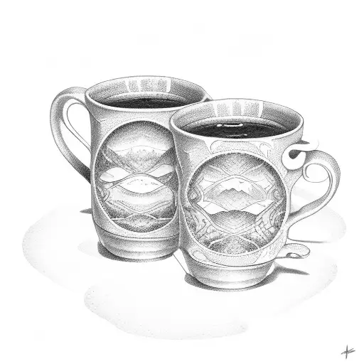 Two Mugs Of Tea In Front Of A Sunset Closed In A Rectrangle