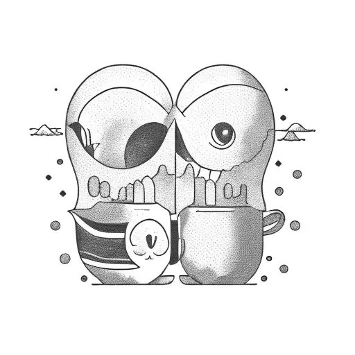 Two Mugs In Front Of A Sunrise Over The Beach All Closed In A Rectangle