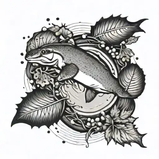 Trout Leaping And Platypus Swimming In Pool Surrounded By An Oak Leaf Wreath Black And White