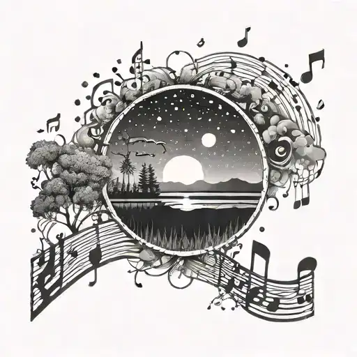 A Dotwork Design Of A Sun Setting Behind A Forest Of Musical Notes