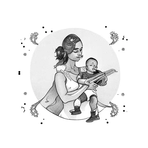A Silhouette Of A Mother Holding A Baby With Musical Instruments Forming A Border