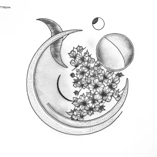 Cherry Blossom Laying On Crescent Moon With Petals Flying