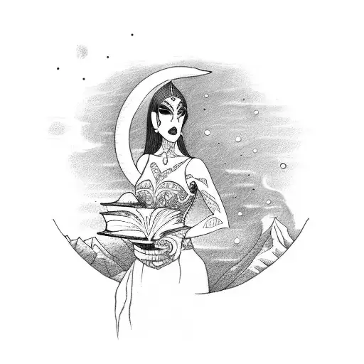 An Enchantress Holding A Book Of Ancient Knowledge Under A Crescent Moon