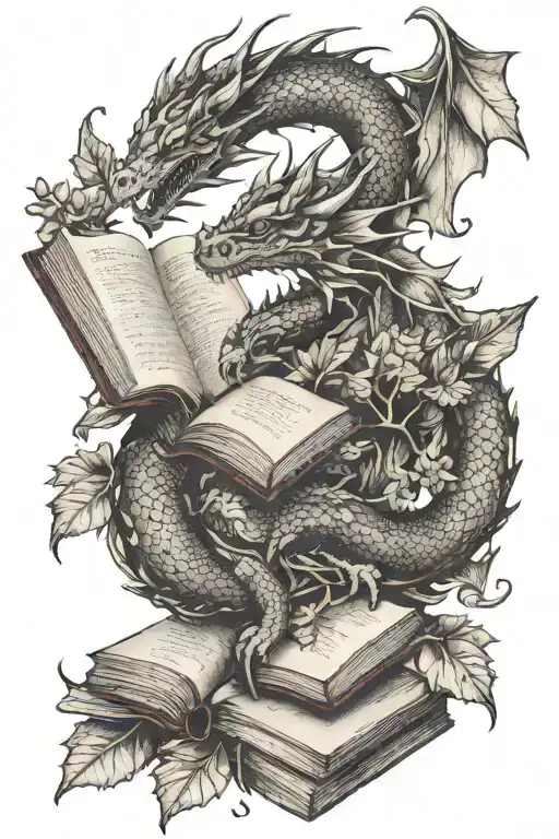 Dragon And Book And Leaves Intertwined