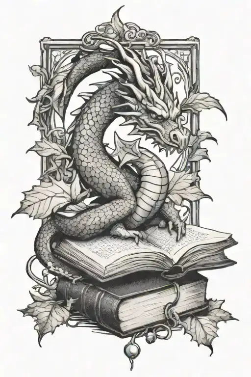 Dragon And Book And Leaves
